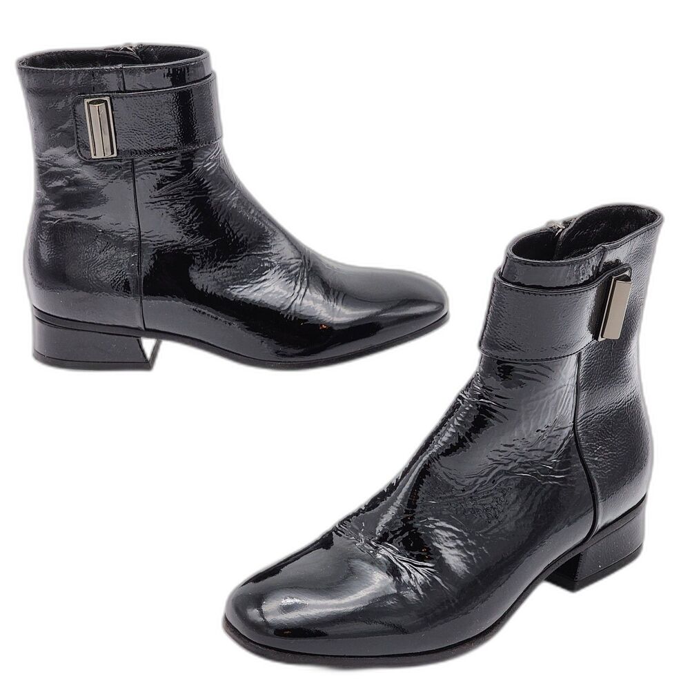 Aquatalia Lupita Sleek Patent Leather Buckle Ankle Boot Booties Black Size 6